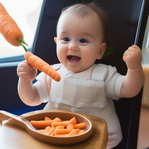 

An image of a baby holding a spoonful of mashed carrots while sitting in a high chair, looking up with a smile.